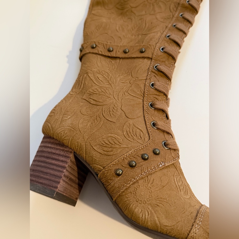 JOYFOLIE MARITA TALL BOOT IN PECAN Tan Lace-Up Knee-High Boots Floral Sude - Picture 6 of 11